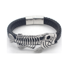 Wholesale Animal Fish Bone Charm Mens Leather bracelet